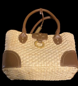 Chaps Medium Woven Straw Trendy Purse Double Handle Bag Gold Brown Tote - Picture 1 of 20
