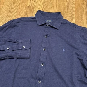 Polo Ralph Lauren Cotton Knit Dress Shirt Men’s XL Navy Blue Classic Soft Preppy - Picture 1 of 10