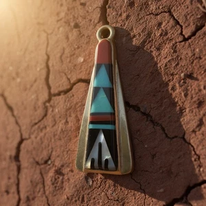 14K Gold Native American Inlay Pendant Signed EH Turquoise Coral Jet 1.4Gr - Picture 1 of 12