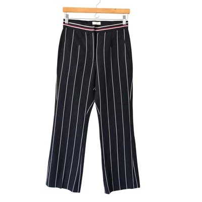 Pantalones SANDRO Azul Marino Blanco Rayas Algodón Lino Bota Acampanada Mujer Pantalón 36FR 4US Foto 1 de 4