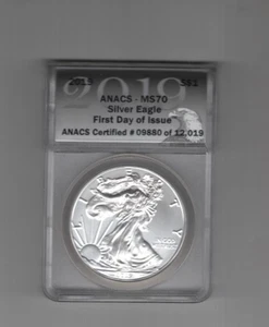 2019 AMERICAN SILVER EAGLE 1oz .999 FINE SILVER ANACS MS70 FIRST DAY ISSUE $1 - Picture 1 of 2