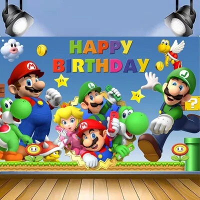 Super Mario Bros. Theme Party Decoration, 5x3.5ft Happy Birthday Backdrop - Image 1 of 4