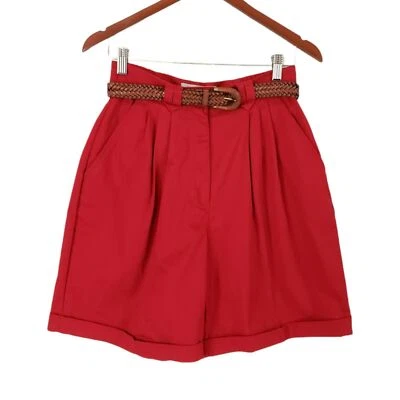 Vtg Karen Scott Size 8 PETITE Red Pleated High Waist Cuffed Mom Shorts w/ Belt - Image 1 of 4