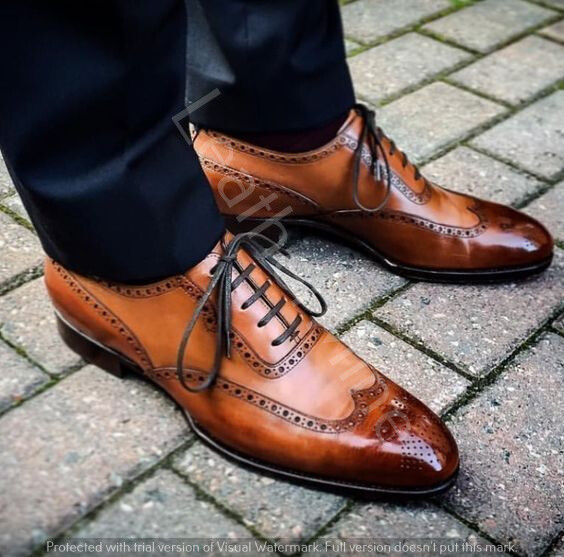 Men's Handmade Tan Leather wingtip 