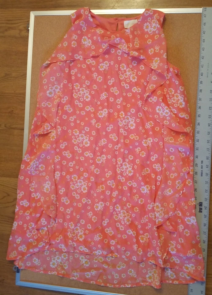 BCBGirls Girl's Pink Printed Chiffon Ruffle Sleeveless Shift Dress Size 14