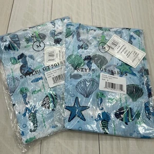 (2) Green Town Ocean Women's 3-Pocket STRETCH V-Neck Print Scrub Top Size M - Picture 1 of 4
