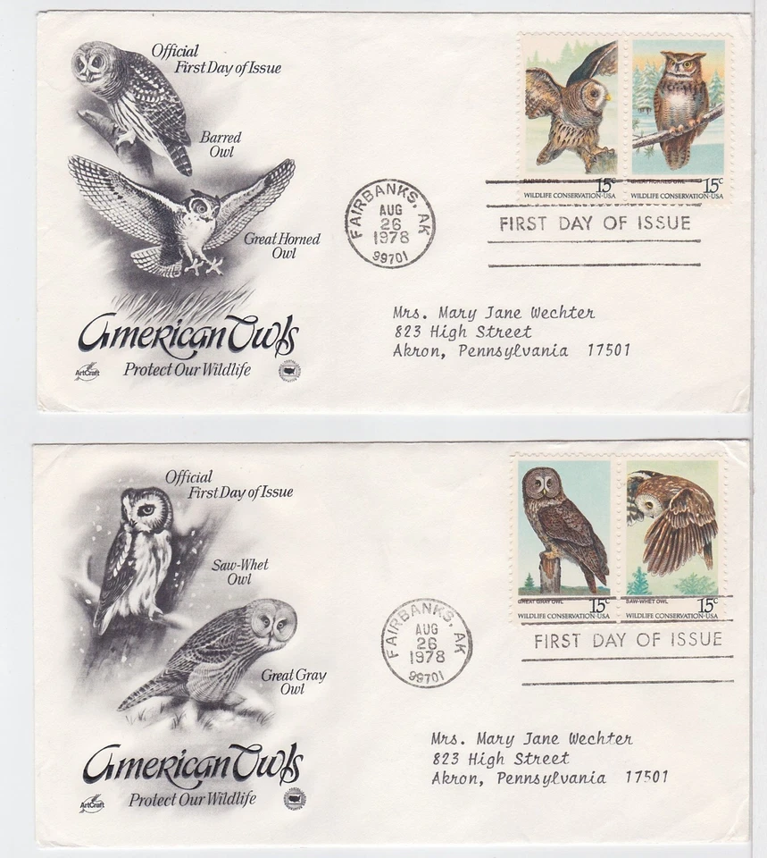 TurtlesTradingPost- American Owls 1978 #1760-63  FDC-Artcraft Variety 2 Covers - Image 1 of 1