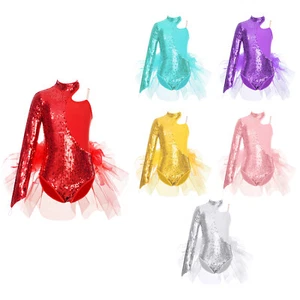 Kids Girls Leotard Figure Sequins Shiny Dancewear Mesh Tutu Skirt Ballet Dance - Picture 1 of 72