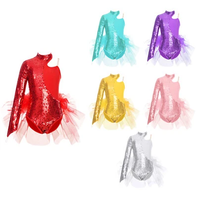 Kids Girls Leotard Figure Sequins Shiny Dancewear Mesh Tutu Skirt Ballet Dance - Image 1 of 4