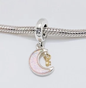 New 100% Authentic PANDORA 14k Gold & 925 Pink Key & Moon Dangle Charm 762985C01 - Picture 1 of 6