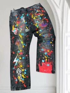 Men's Makobi Big & Tall Faded Black Hand Painted Denim Pants NWT - Picture 1 of 4