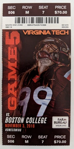 2018 Virginia Tech vs Boston College Ticket Stub 11/3/2018 Cover