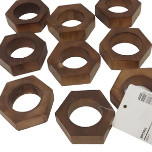 Hexagon Wood Napkin Rings Holders Lot of 9 Vintage JCPenney Burwood Plastic - Picture 1 of 10