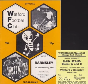 Watford V 1977/78 Barnsley 11-02-1978 división 4 y boleto de partido - Imagen 1 de 1