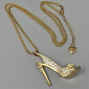 Betsey Johnson Shoe Pendant Necklace Pave Rhinestone High Heel Gold Tone 27" - Picture 1 of 11