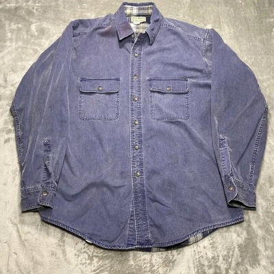 Vintage LL Bean Men's Large Blue Chambray Plaid Lined Button Up Shirt USA Made - Image 1 of 4