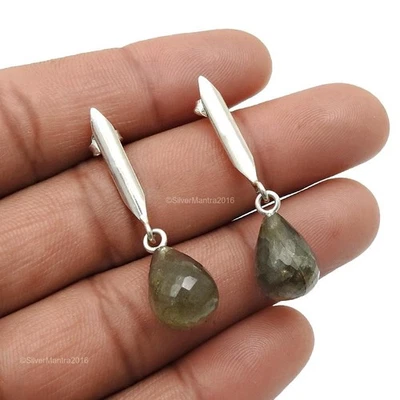 Labradorite Stein Massiv Sterling Silber Einfassung Verlobung Ohrhänger Schmuck - Bild 1 von 4