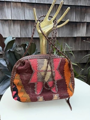 De Colección Boho Lana Kilim Alfombra Bolso de Hombro Cuero Cremallera Foto 1 de 4