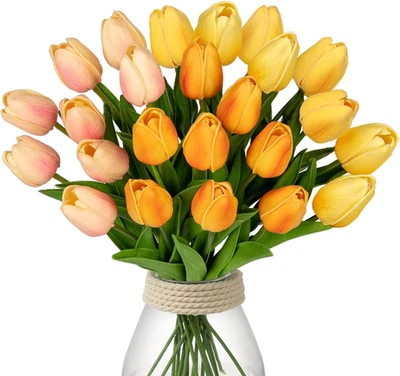 24 Pcs 13.5 in Mixcolor Artificial Tulips Flowers Real Touch Fake Tulips - Image 1 of 4