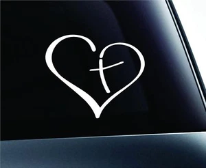 Adesivo decalcomania vinile bianco cuore con croce all'interno 5 pollici auto e laptop - Foto 1 di 1
