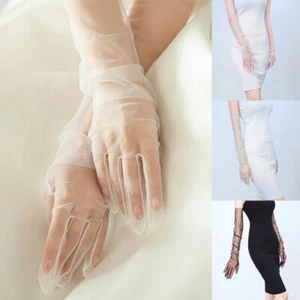 Women Wedding Bridal Gloves Prom Party Transparent Tulle Full Finger Long Gloves - Picture 1 of 31