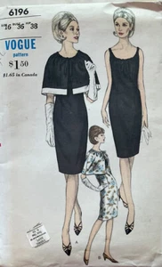 NOS 60s Vintage Vogue Pattern #6196 Shift Dress & Cape COMPLETE Sz 16 FF - Picture 1 of 3
