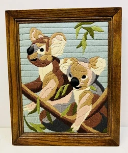Vintage Long Stitch Needlepoint Koala Bears Finished & Framed 16 x 13 - Picture 1 of 6