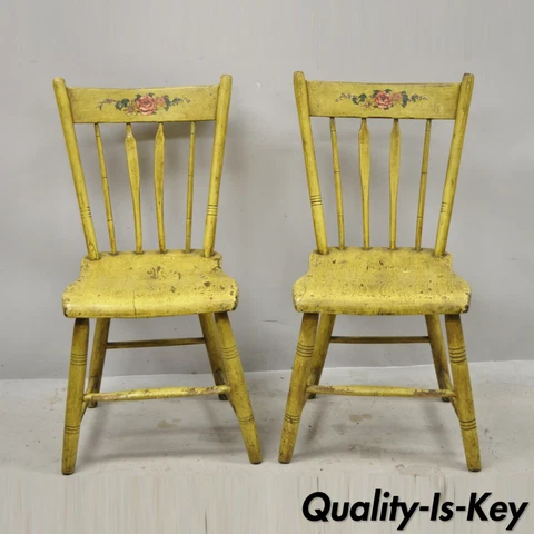 Frederick Loeser & Co Yellow Primitive Hitchcock Style Side Chairs - Pair (A) Cover