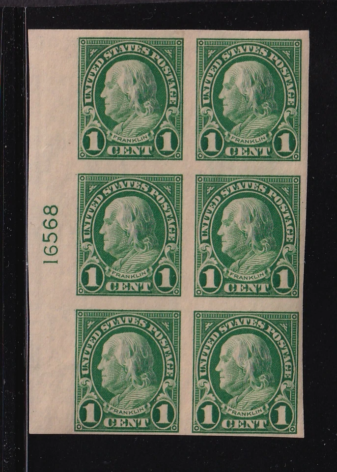 1923 Sc 575 1c green imperforate MLH original gum, plate block 16568L CV $80 - Image 1 of 1