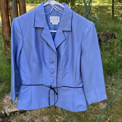 Chaqueta Blazer DAVID WARREN Petites New York Azul Pálido 100% Seda Borde Negro Talla 6P Foto 1 de 4