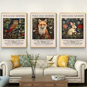 3 pce William Morris Owl Fox & Rabbit Animal Canvas Art Unframed - Picture 1 of 4