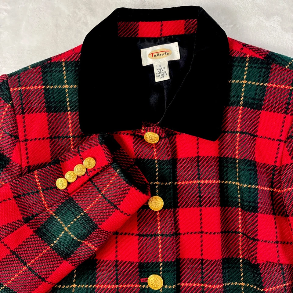Talbots красный клетчатый 100% шерстяной блейзер бархатный воротник золотые пуговицы женский размер 6 США - Изображение 1 из 4