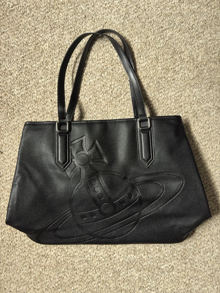 Vivienne Westwood Tote Bag Black Leather Embossed Orb Logo Shoulder Bag - Image 1 of 4