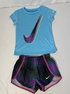 Nike Dri Fit Set Lined Shorts T Shirt Top Tee Pull On Blue Purple Girls 4T - Picture 1 of 11
