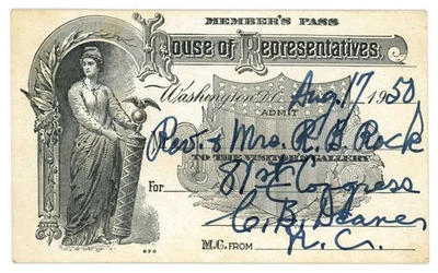 1950 House of Representatives Members Pass Ticket (L6480) - Image 1 of 2