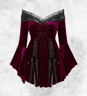 New  Wine Red Velvet & Lace Gothic Corset Flared Sleeve Blouse size 3XL 22 24 26 - Image 1 of 4