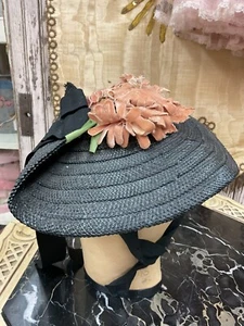 Antiker 30er Jahre Damen Hut schwarz Stroh rosa Samt Millinery Blumen #Q - Bild 1 von 7
