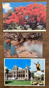 (3) Lote de Postales Hawaianas Vintage #3 Árbol Poinciana Luau Cerdo Fiesta Palacio Iolani - Imagen 1 de 11