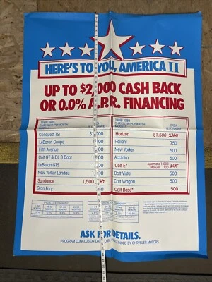 Rare vintage 1988 Plymouth Dealer Poster 6'5" Conquest TSi Colt GT LeBaron GTS - Image 1 of 4