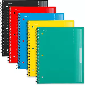 Mead Spiral Notebooks, Pack of 5, 1-Subject, College Ruled Paper, Plastic Cover, - Picture 1 of 12