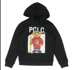 NWT Ralph Lauren Ski Bear Polo Bear Fleece Hoodie Polo Black Size Medium Boys - Picture 1 of 2
