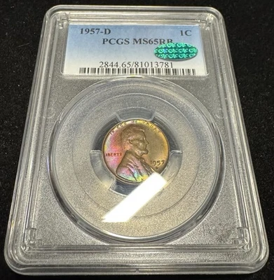 1957 D Lincoln Wheat Cent MS65 RB with a CAC sticker! Amazing Toning! - Image 1 of 4