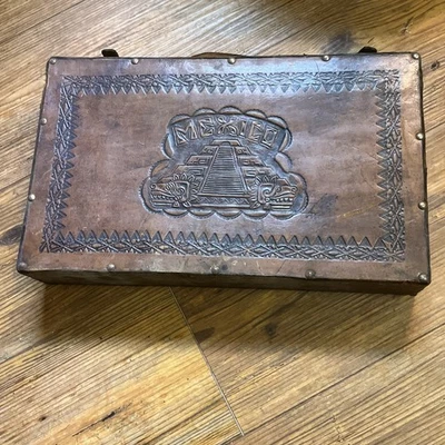 Vtg Backgammon Set Wood & Carved Leather Mexican Aztec Mayan Primitive Rare*Read - Image 1 of 4