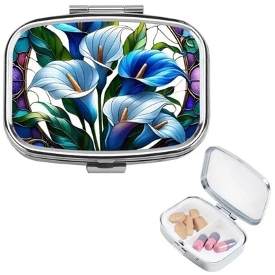 Blue Trumpet Flower Print Square Pillbox 2-Compartment Portable Pocket Size - Image 1 of 4