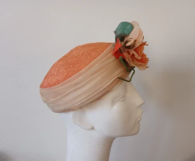 Vintage  Noreen Fashion Peach Orange Straw  Pillbox Floral Hat - Image 1 of 4