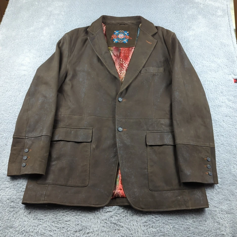 Robert Graham Leather Jacket Men 46 Brown Reverse Print Two Button Surgeon Cuffs - Image 1 of 4