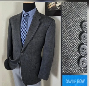 Saville Row Tweed Blazer Men 44R Herringbone Sport Coat Gray Lambswool Jacket - Picture 1 of 19
