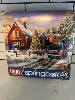 Factory Sealed 1000 pc Springbok Christmas Scene Puzzle Red Barn Farms - Image 1 of 2