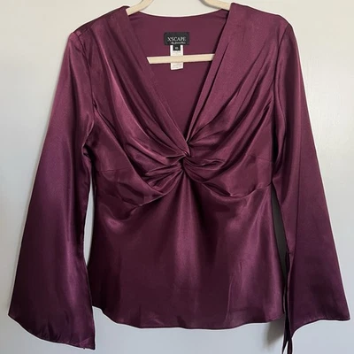 Blusa Xscape Vintage Mujer Talla 10 Mangas Campana Satén Color Borgoña Foto 1 de 4