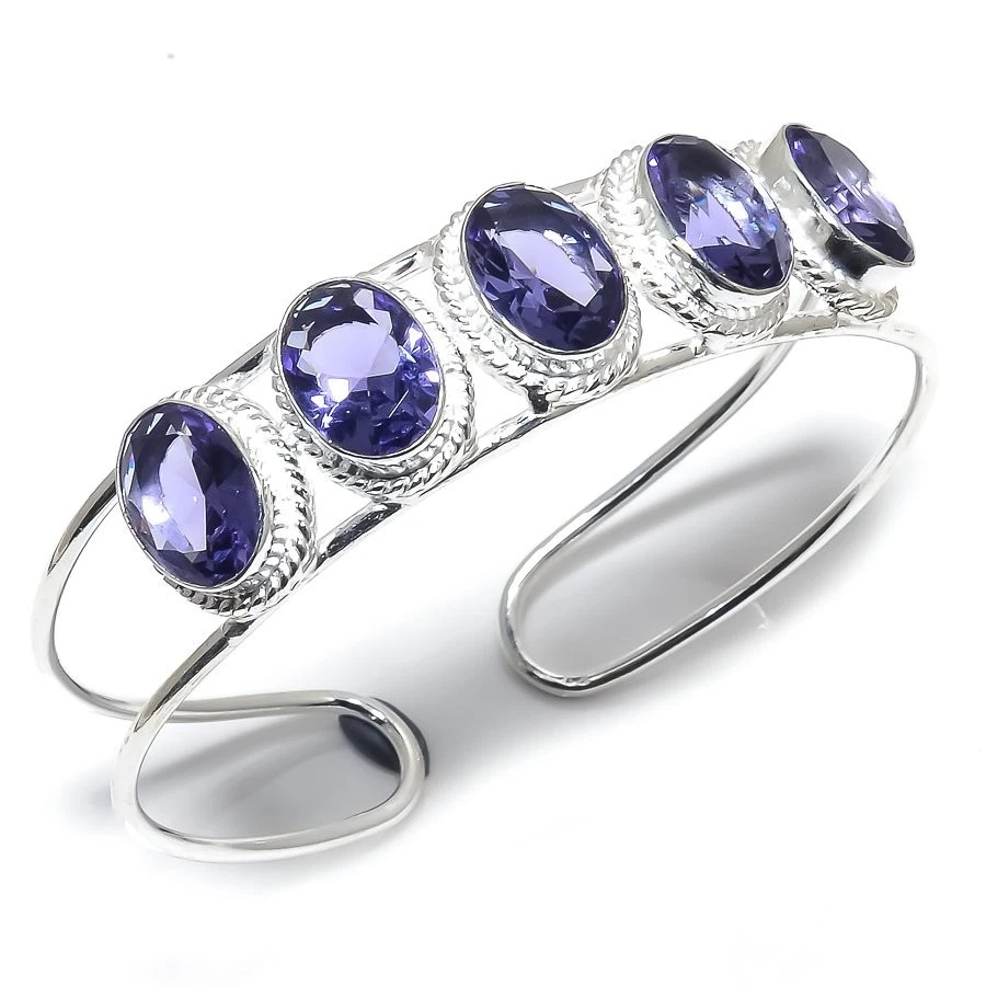 Purple Amethyst Gemstone Handmade 925 Sterling Silver Adjustable Cuff Bracelet - Image 1 of 1